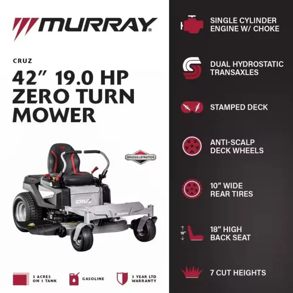 Murray Cruz 42 in. 19.0 HP 540cc EX1900 Series Briggs and Stratton Engine Dual Hydrostatic Drive Gas Zero Turn Mower
