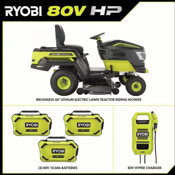 RYOBI 80V HP Brushless 46 in. Battery Electric Cordless Riding Lawn Tractor with (3) 80V 10Ah Batteries and Charger