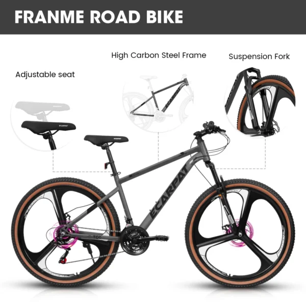 Ambifirner Mountain Bike 27 Inch Wheels, 21-Speed Mens Womens Trail Commuter City Mountain Bike, Aluminium Frame Disc Brakes Thumb Shifter Front Fork Bicycles