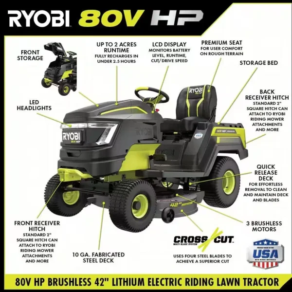 RYOBI 80V HP Brushless 42 in. Battery Electric Cordless Riding Lawn Tractor with (3) 80V 10Ah Batteries and Charger