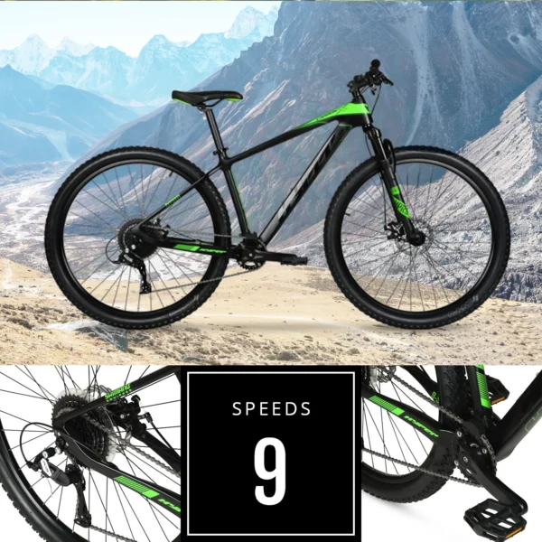 29" Hyper Carbon Fiber Mountain Bike, Black/Green, Adults Age 13+