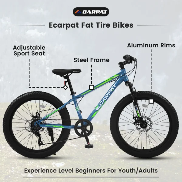 Ambifirner 24 Inch Fat Tire Bike Adult/Youth Full Shimano 7 Speeds Mountain Bike, Dual Disc Brake,Snow Wide Tire Adult Bicycle Mountain Trail Bike, Urban Commuter City Bicycle