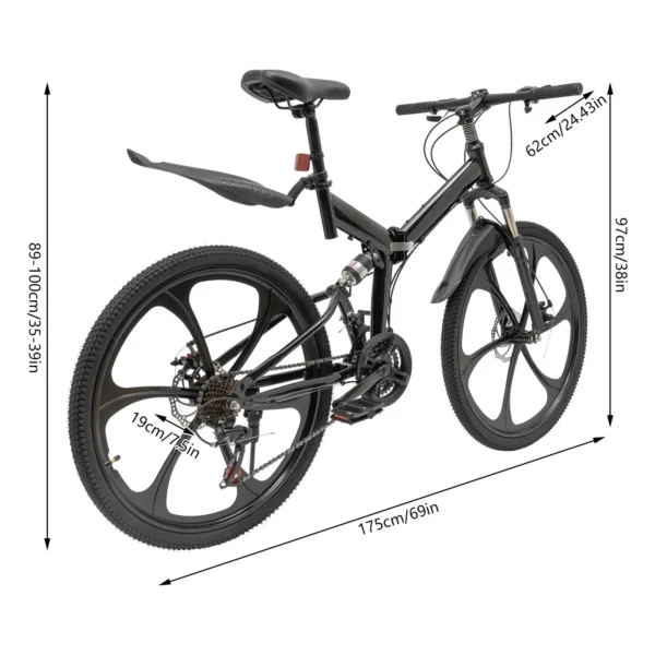 Miumaeov 26" Black Adult Folding Bike 21-Speed Shifter Folding City Bike Light Weight Carbon Steel Camping Bicycle Max Loading 150kg/330lbs