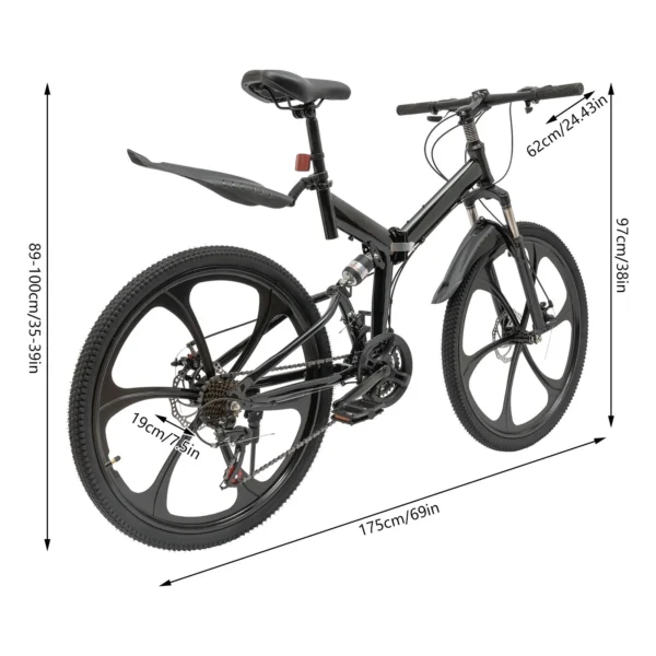 Wuzstar 26" Foldable Mountain Bike, 21 Speed seat height Adjustable Unisex Mountain Bike Black